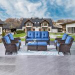 Rilyson Wicker Patio Furniture Set - 7 Piece Rattan Outdoor Sectional Conversation Sets with 1 Sofa,4 Armrest Chairs and 2 Ottomans for Porch Deck Garden(Brown/Blue)
